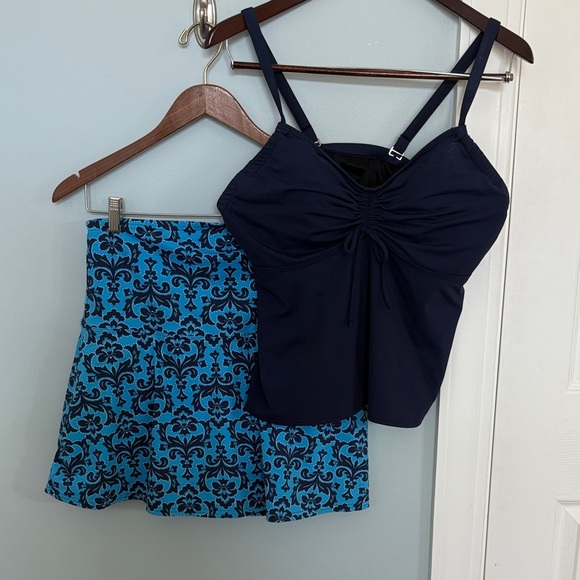 Lands End Tankini and  Navy Patterned High Waisted Women's Swim Skirt Plus 14W L - Picture 1 of 12